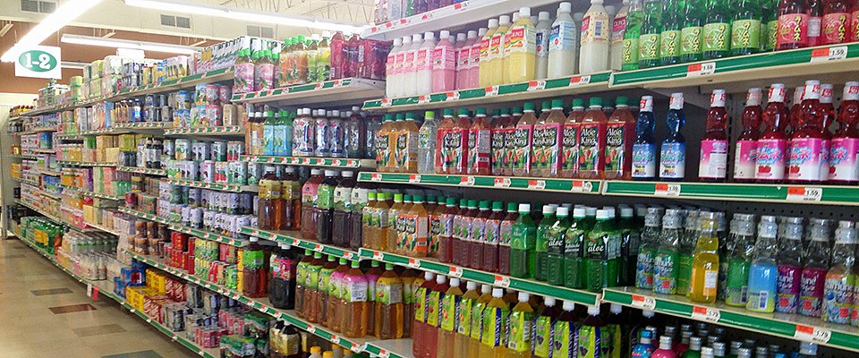 A long aisle of Asian drinks, juices and teas